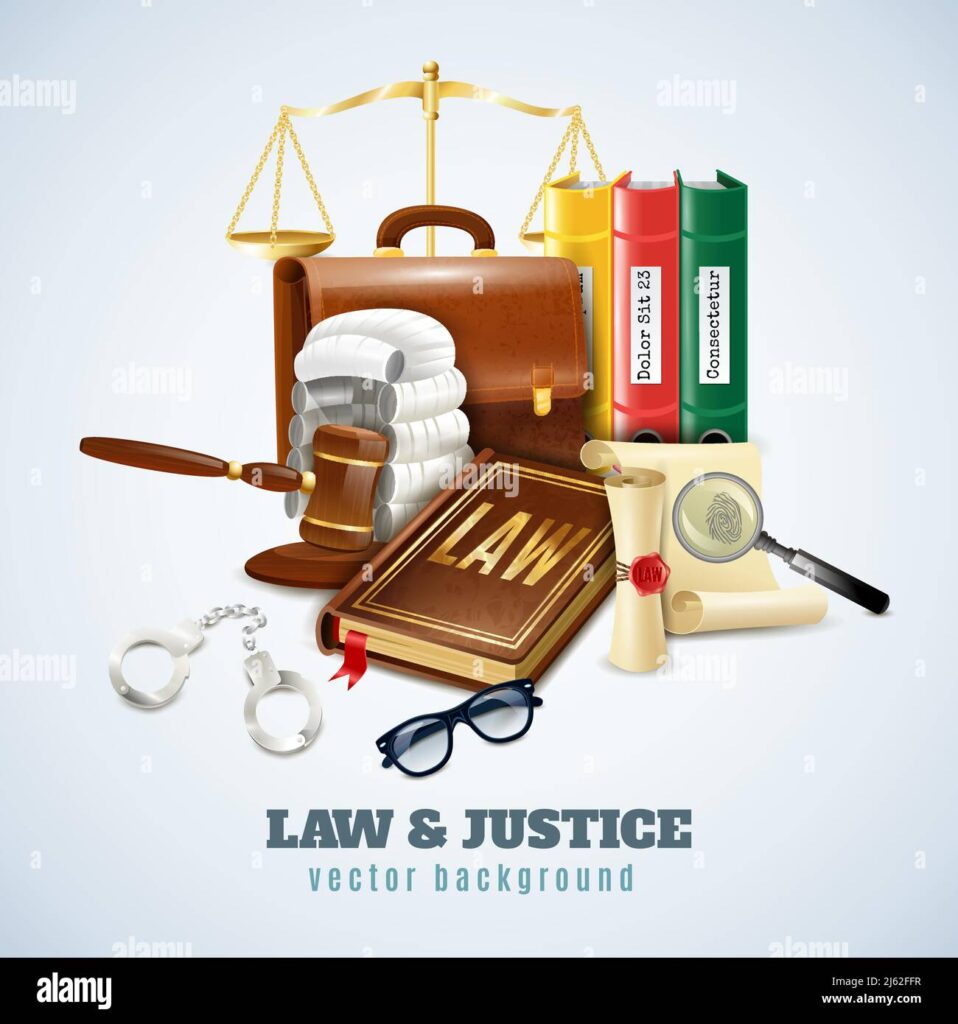 Law And Justice Legal System Objects And Symbols Composition Background Poster With Balance And Judge Wig Vector Illustration 2j62ffr